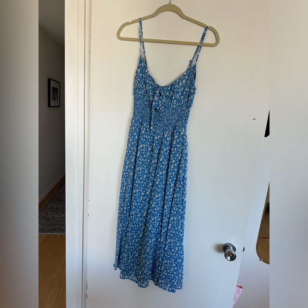 Reformation light blue floral midi dress with spaghetti straps